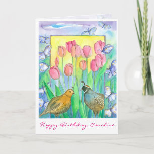 Quail Birds Rosa Tulip Flowers Grattis på födelsed Kort