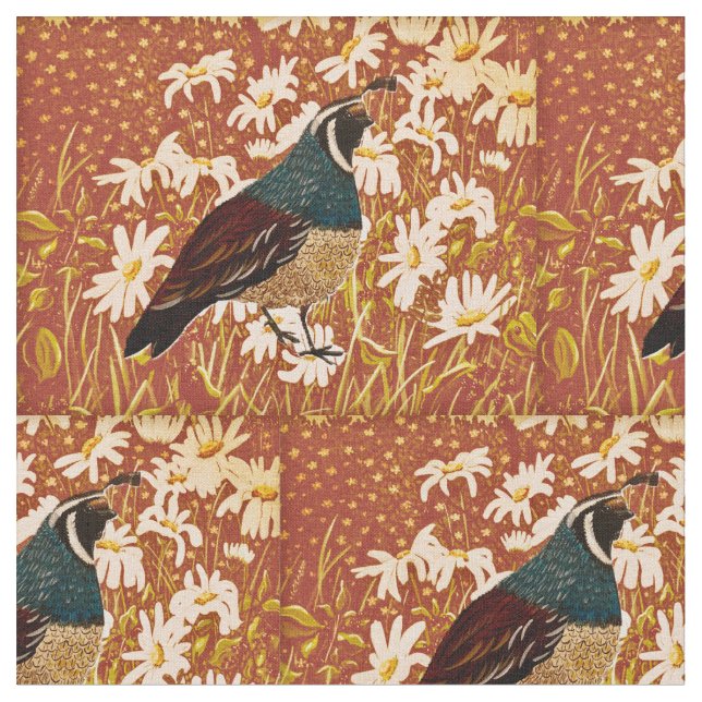 Quail in Fall Daisys Fabric Tyg (Närbild)