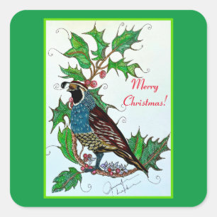 Quail in Holly Fyrkantigt Klistermärke