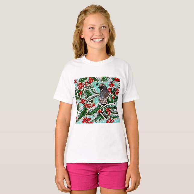 Quail in Holly Magnet T Shirt (Hel framsida)