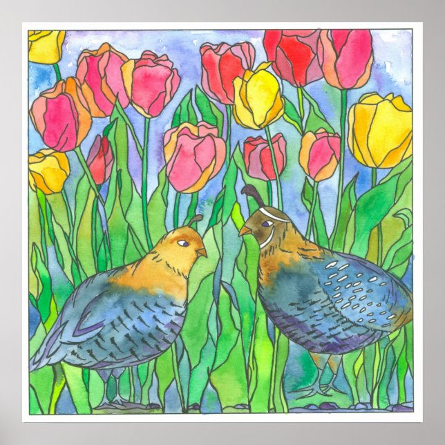 Quail Rosa Tulips Bird Watercolor Paeing Poster (Framsidan)