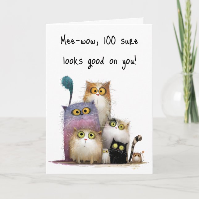 Quaint Cats with Big Eyes 100th Birthday Greeting Kort (Framsida)