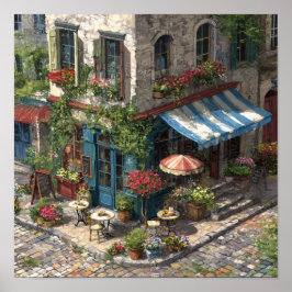 Quaint European Cobblestone Cafe Street Scene Poster