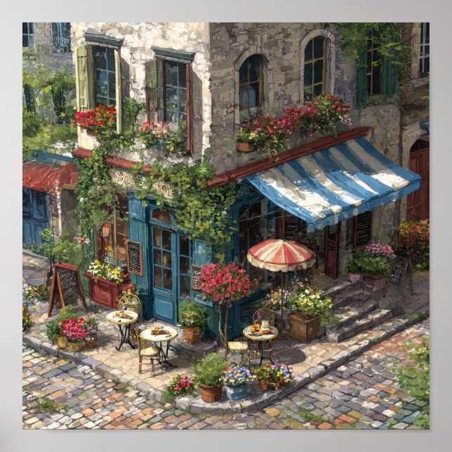 Quaint European Cobblestone Cafe Street Scene Poster (Framsidan)