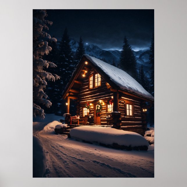Quaint Mountain Log Cabin - Mysigt julklapp Poster (Framsidan)