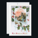Quaint Rustic Vintage Winter Ligcape med Holly Julkort<br><div class="desc">Nostalgiskt kulturlandskap med vintage med stenkyrkans vinjett vid solnedgången förskönat med snö,  självhäftande och holly med bästa julklapp Önskemål i rött och guld ornat skript. Baksidan har kompletterande grafik och redigerbar fält.</div>