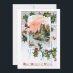 Quaint Rustic Vintage Winter Ligcape med Holly Julkort<br><div class="desc">Nostalgiskt kulturlandskap med vintage med stenkyrkans vinjett vid solnedgången förskönat med snö,  självhäftande och holly med bästa julklapp Önskemål i rött och guld ornat skript. Baksidan har kompletterande grafik och redigerbar fält.</div>