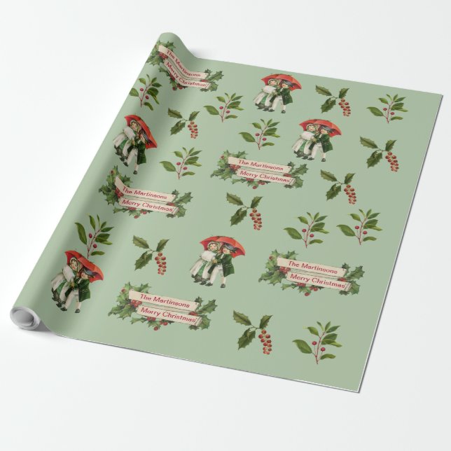 Quaint Vintage Children and Holly Personlig Presentpapper (Utrullad)