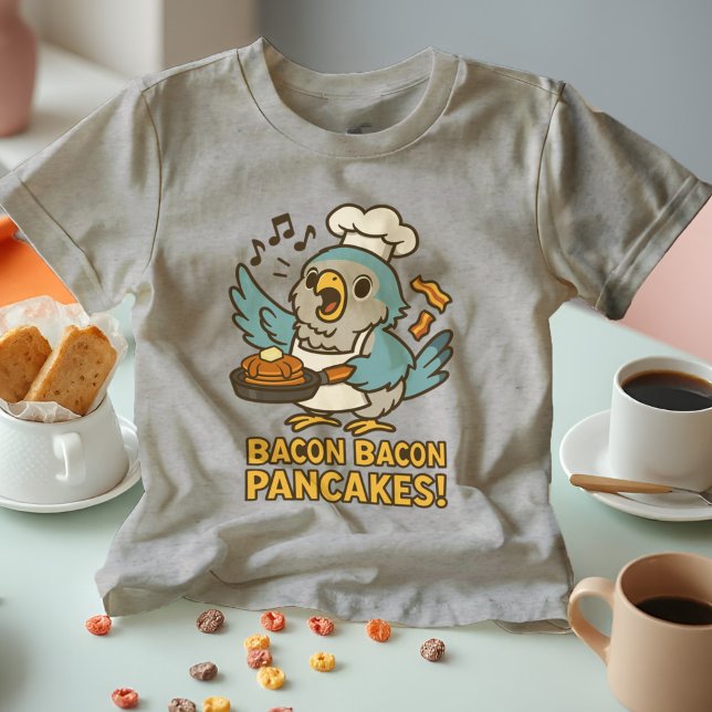 Quaker Parrot Chef Singing Bacon Pancakes Funny T Shirt (Quaker Parrot breakfast chef & meme star! Birb shirt shows a Monk Parakeet singing Bacon Pancakes.)