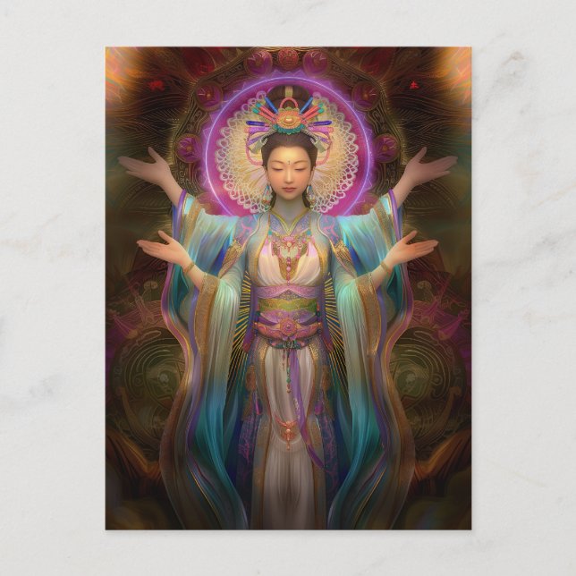 Quan Yin Färgrik Visionär Gudinna Konst Vykort (Framsida)