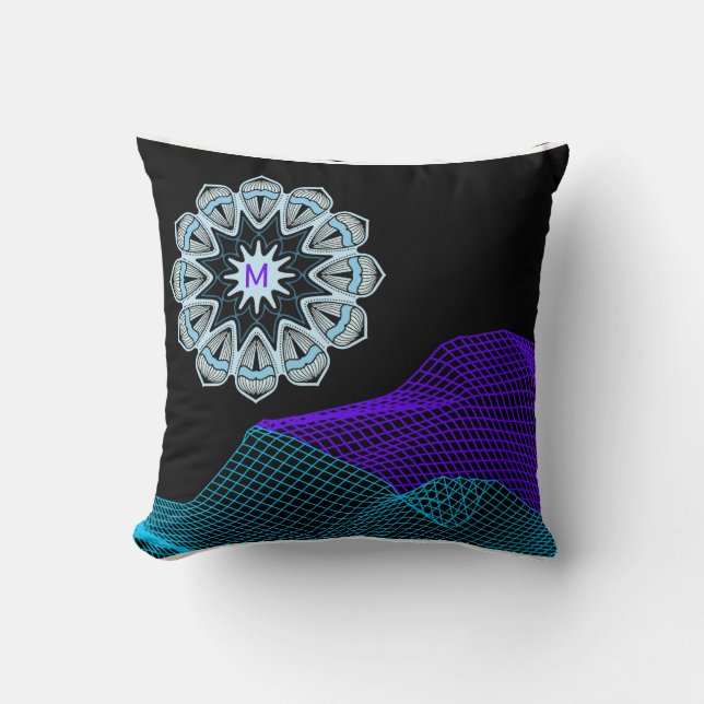 Quantum Abstract Mandala  Purple Blue Black Mngrm Kudde (Framsida)
