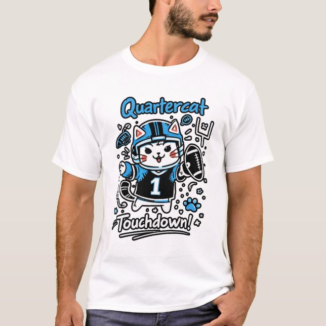 Quarterback Cat Illustration – Söt fotbollskatt D T Shirt (Framsida)