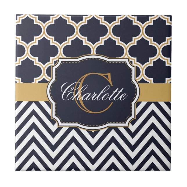 Quatrefoil Chevron Monogram Kakelplatta (Framsidan)