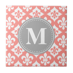 Quatrefoil Fleur-De-Lis Coral Rosa Grått Monogram Kakelplatta