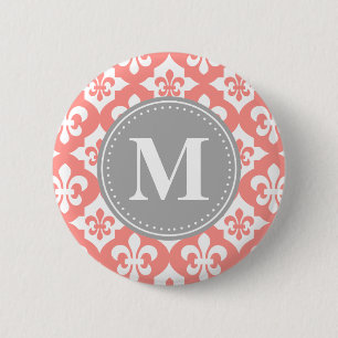 Quatrefoil Fleur-De-Lis Coral Rosa Grått Monogram Knapp