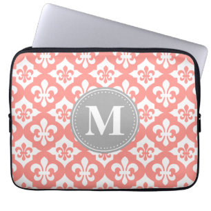Quatrefoil Fleur-De-Lis Coral Rosa Grått Monogram Laptop Sleeve