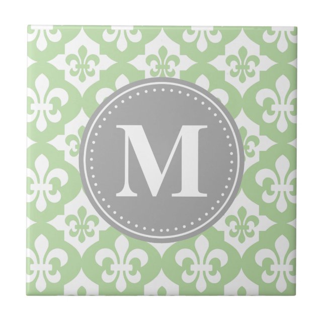 Quatrefoil Fleur-De-Lis Mint Grönt Grått Monogram Kakelplatta (Framsidan)