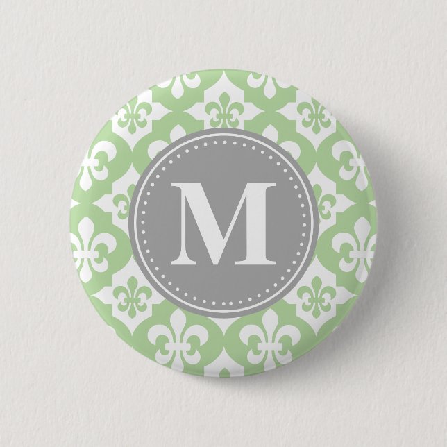 Quatrefoil Fleur-De-Lis Mint Grönt Grått Monogram Knapp (Framsida)