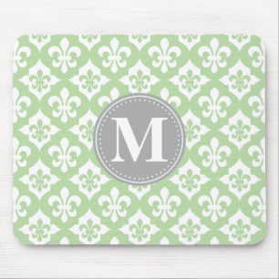 Quatrefoil Fleur-De-Lis Mint Grönt Grått Monogram Musmatta