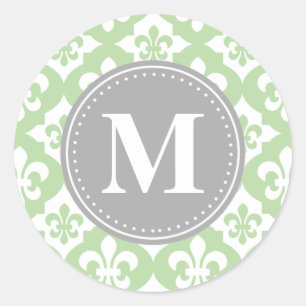 Quatrefoil Fleur-De-Lis Mint Grönt Grått Monogram Runt Klistermärke