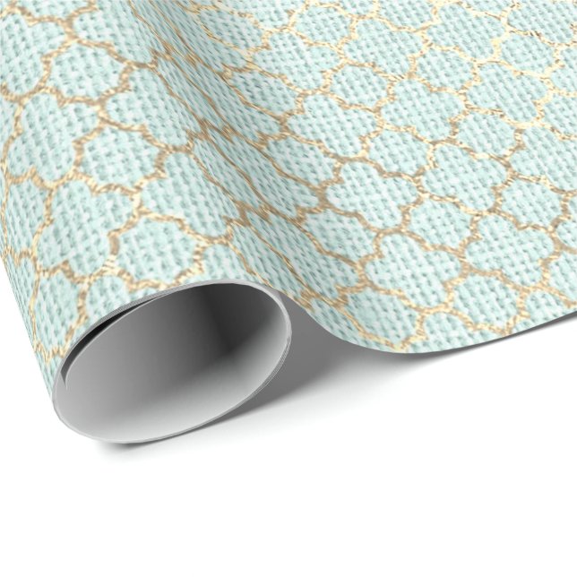 Quatrefoil foxier Guld Mint-Grönt Pastel Linen Presentpapper (Rullad Hörn)
