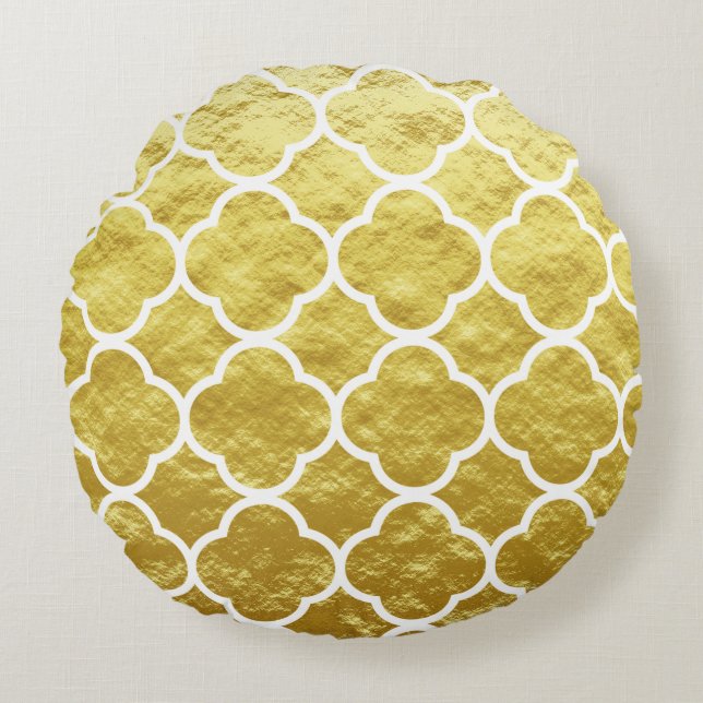 Quatrefoil Gold Foil Mönster Golden White Elegant Rund Kudde (Framsidan)