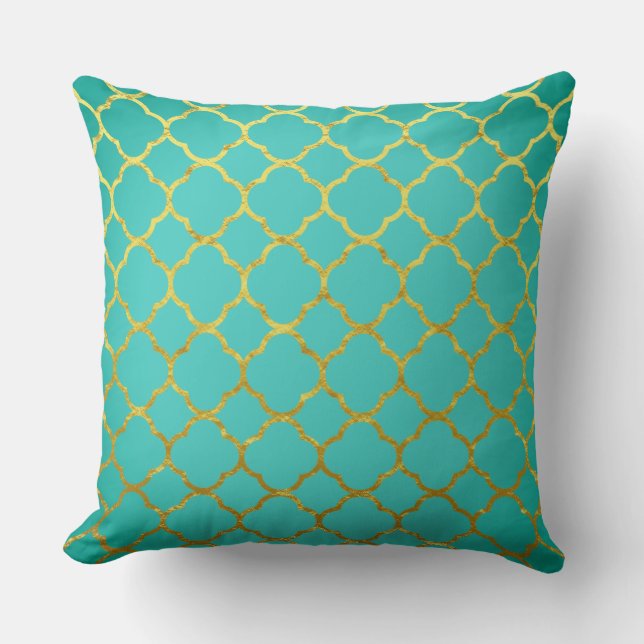 Quatrefoil Guld Mönster Teal Blue Seafoam Lattice Kudde (Framsida)