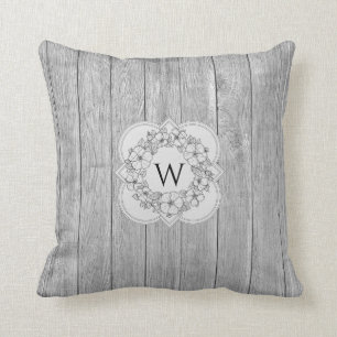 Quatrefoil Monogram Blommigt Utandning Grått Wood Kudde