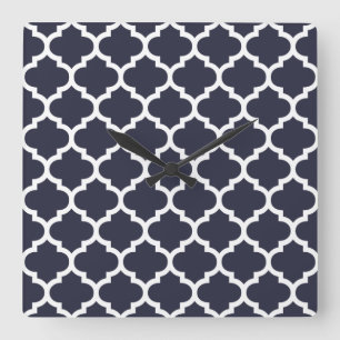 Quatrefoil Navy Blue Fyrkantig Klocka