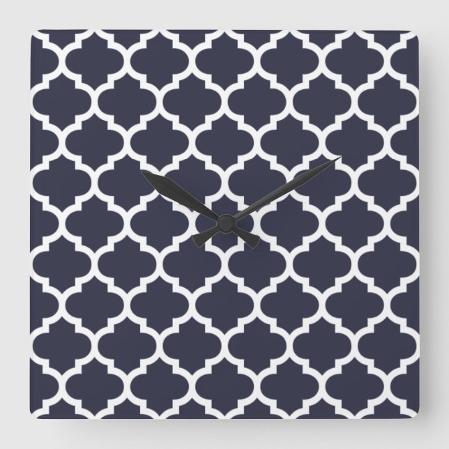 Quatrefoil Navy Blue Fyrkantig Klocka (Framsida)
