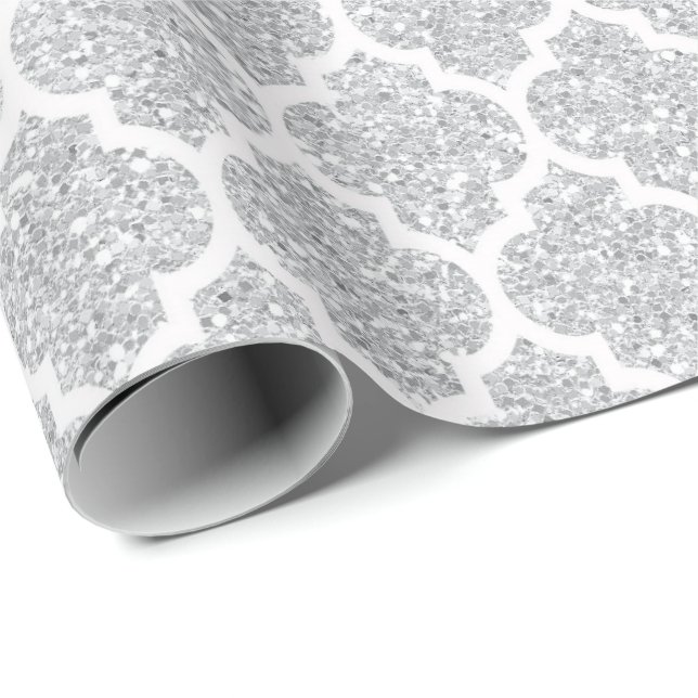 Quatrefoil Net White Silver Art Deco Vip Presentpapper (Rullad Hörn)