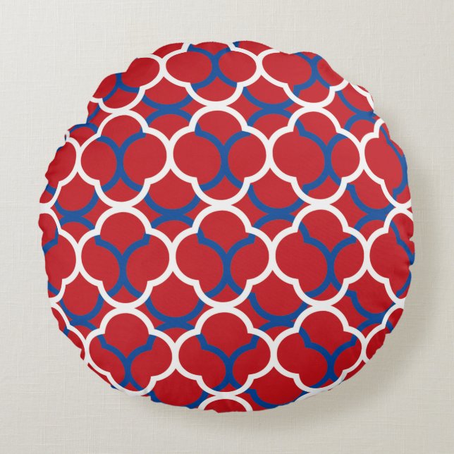 Quatrefoil Red Blue White Mönster Chrismas 2020 Rund Kudde (Framsidan)