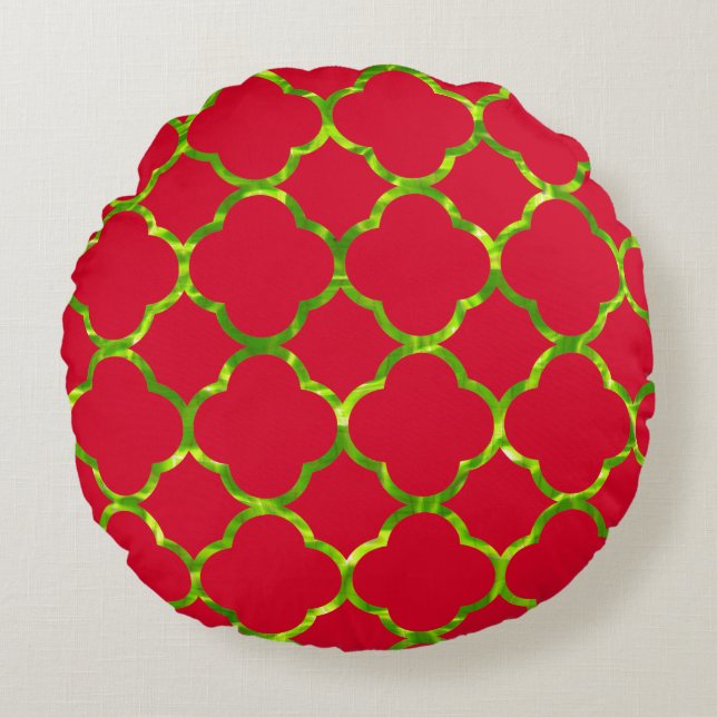 Quatrefoil Red Grönt Neon Färg Sparkly jul Rund Kudde (Framsidan)