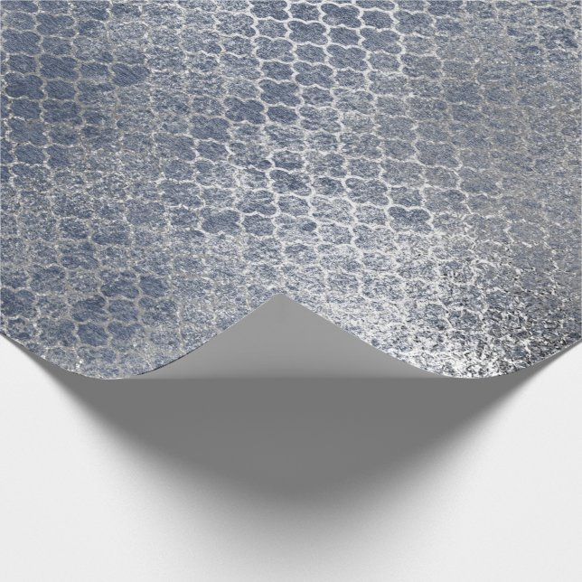 Quatrefoil Silver Glam Blue Distress Silver Presentpapper (Hörn)