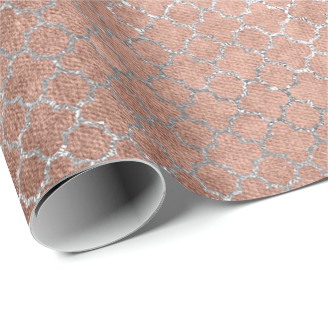 Quatrefoil Silver Glam Rosa ros Guld Shiny Presentpapper (Rullad Hörn)