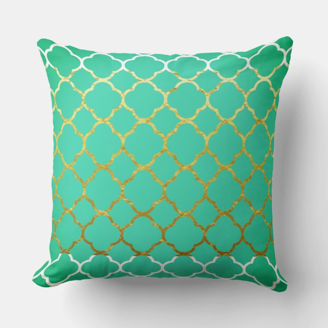 Quatrefoil Teal Blue Guld Seafoam Grönt White Kudde (Framsida)