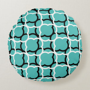 Quatrefoil Teal Blue White Lattice Mönster Rund Kudde