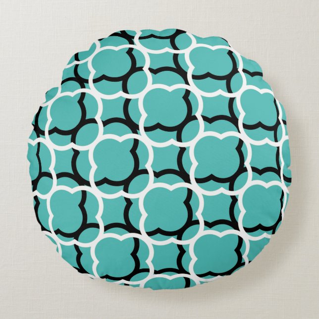 Quatrefoil Teal Blue White Lattice Mönster Rund Kudde (Framsidan)