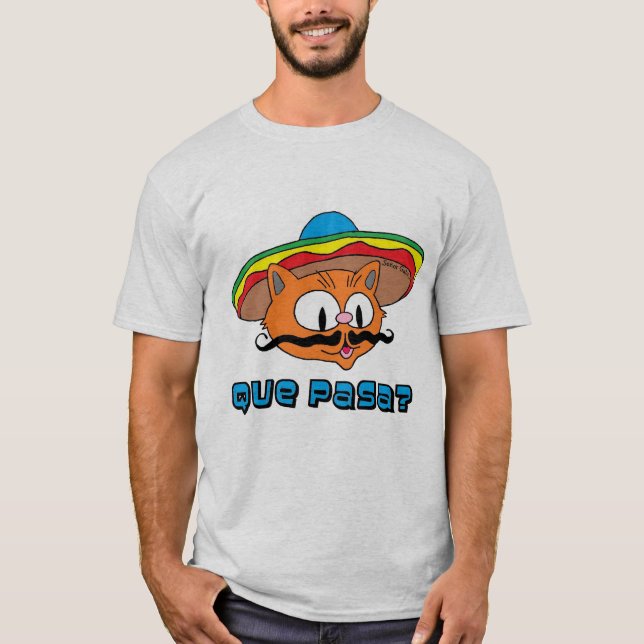 Que Pasa Señor Gato™ Tecknad Mustasch Katt T Shirt (Framsida)