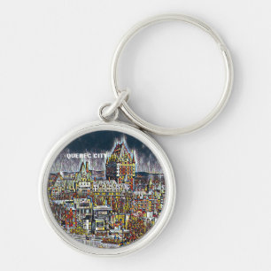 QUEBEC CITY TECKNAD POP ART TRAVEL Keychain Rund Silverfärgad Nyckelring