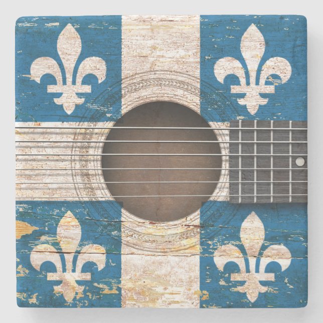 Quebec flagga på den gammala akustiska gitarren stenunderlägg (Framsidan)