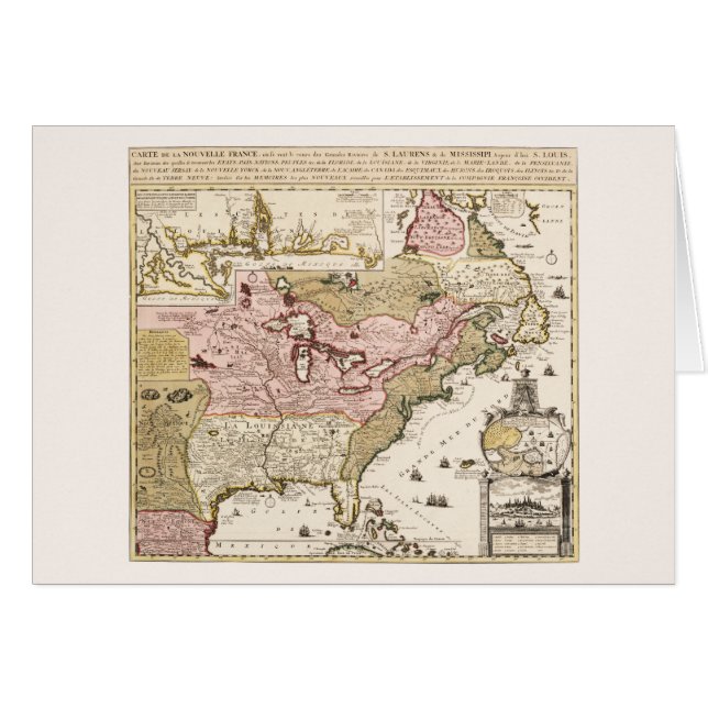 Quebec/Nouvelle-Frankrike medieval fransk karta Am Hälsningskort (Framsidan Horizontal)