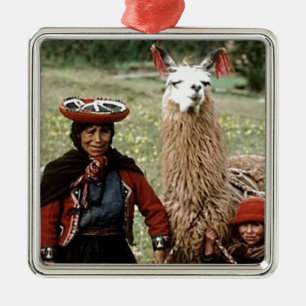 Quechua kvinna med fotoet för två Llamas Julgransprydnad Metall