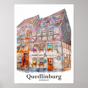 Quedlinburg Tyskland Travel Watercolor Hand plocka Poster