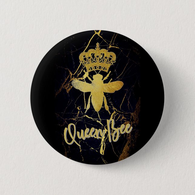 QUEEN BEE Black & Guld Marble BUTTON Knapp (Framsida)