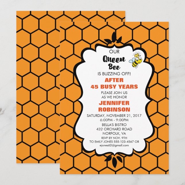 Queen Bee Cute Humla med Krona Pension Inbjudningar (Fram/baksida)