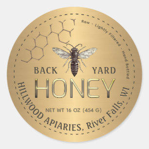 Queen Bee Guld Honung Burk etikett Raw Back Yard H