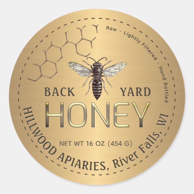 Queen Bee Guld Honung Burk etikett Raw Back Yard H (Framsida)