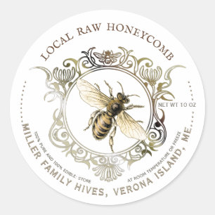 Queen Bee Guld Ornate Ram Raw Honeycomb-etikett Runt Klistermärke