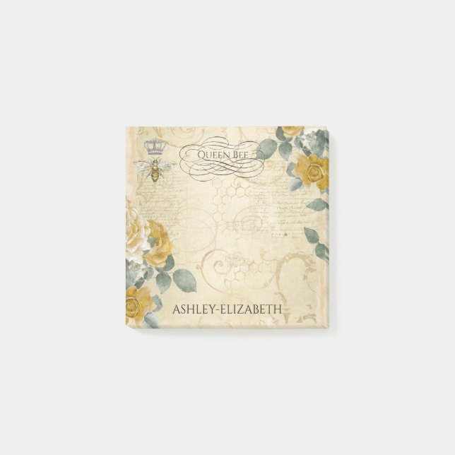Queen Bee Gult Guld Ro Blommigt Monogram 3x3 Post-it Block (Framsida)